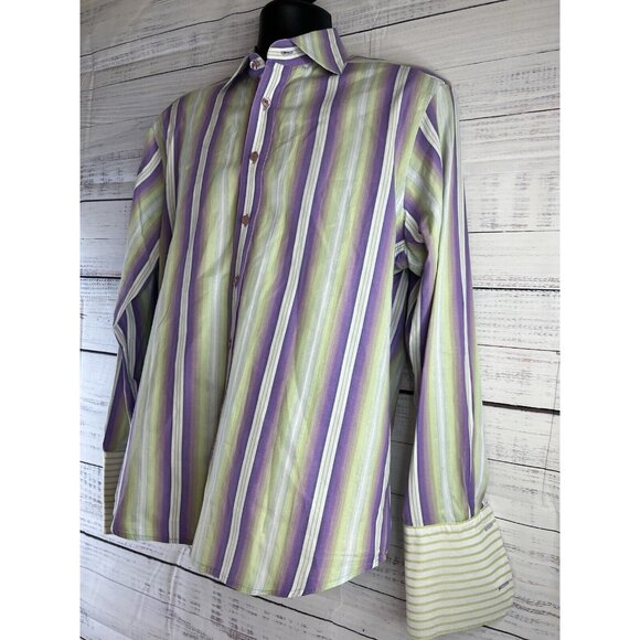 Robert Graham Dress Shirt Lime GreenPurple White Striped Colorful Button Down - Picture 3 of 16